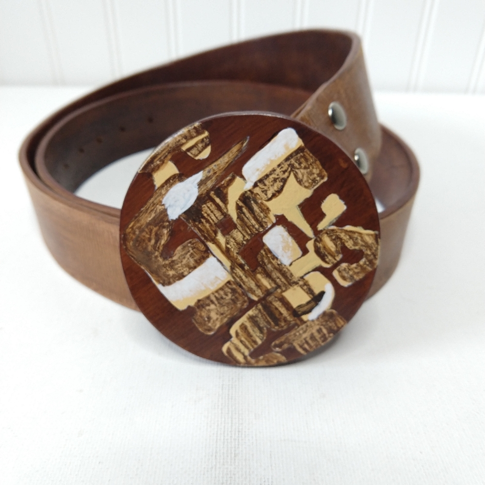 Bauxo Leather Belt Hand Painted Wooden Buckle